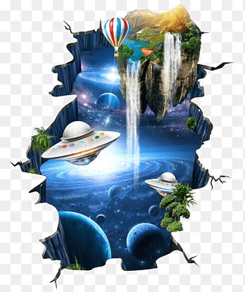 OVNI, ilustración de cascadas y planetas, espacio tridimensional euclidiano, hermoso espacio tridimensional para pegar, fondo de pantalla de la computadora, tridimensional png thumbnail