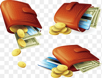 three brown wallets with banknotes and coin lot, Gold coin Money Wallet, Wallet and money, bank Card, save Money png thumbnail